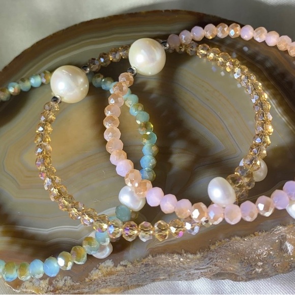Pearl Jewelry - Set of 3 Crystal Pearl Flexible Bracelets New